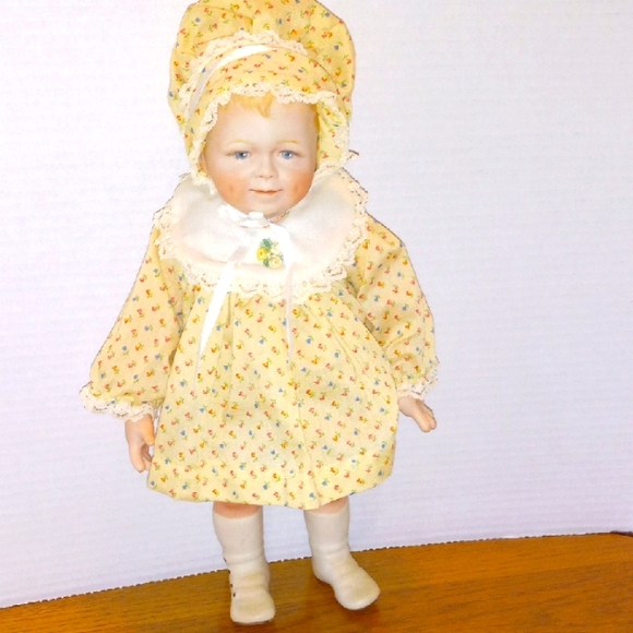 Floral Yellow bisque Doll with Bonnet